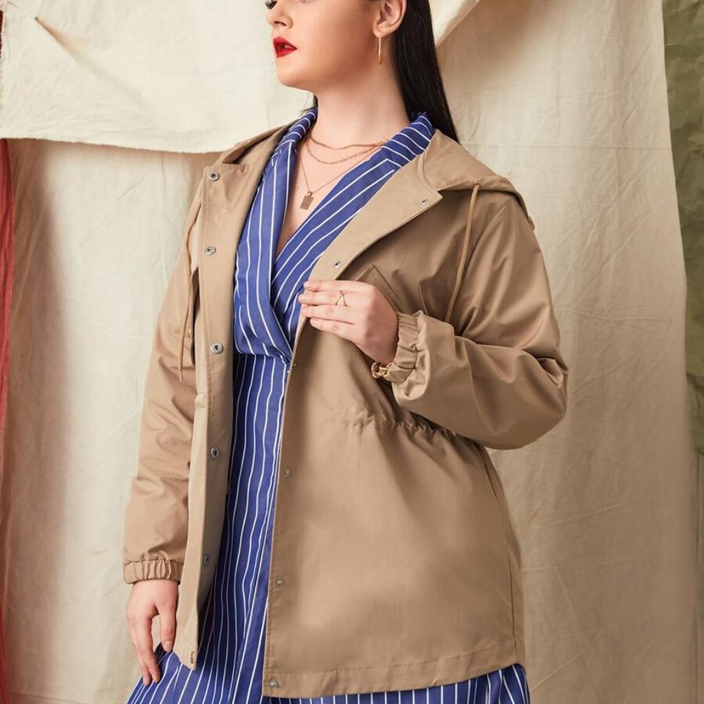 Snap Button Front Drawstring Hooded Coat - Picture 2 of 5